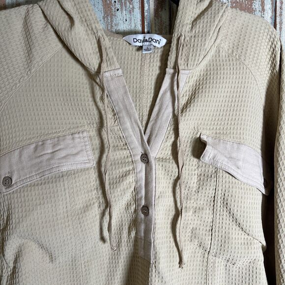 Davi & Dani Tunic V Neck With Hood Large  With Pockets Khaki/Tan/Golden - Picture 2 of 11